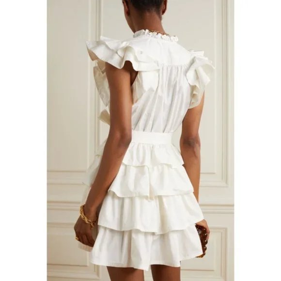 Womens Ulla Johnson Honoria White Ruffle Tiered Mini Split Neck Belted Dress 10* - Picture 2 of 16